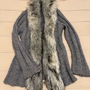 Vintage Cable Knit Cardigan with Faux Fur Trim